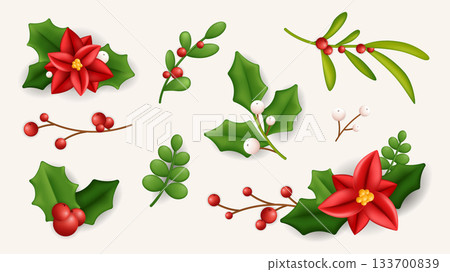 Christmas holly berry 3d elements set in realistic render design. Collection of glossy red flowers with green leaves, twigs with berries, festive flourish decoration composition. Illustration. Christmas holly berry 3d elements set in realistic render design. Collection of glossy red flowers with green leaves, twigs with berries, festive flourish decoration composition. Illustration. 133700839