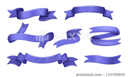 Blue banner ribbons 3d elements set in realistic render design. Collection of glossy curved and folded scrolls, blank shiny flags and tags, elegant borders and promotion frames. Illustration. 133700845