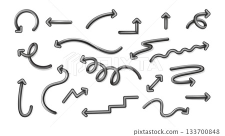 Arrows 3d elements set in realistic render design. Collection of glossy black long or short pointers with turn, swirl, curl, rotation, zigzag, wavy, circular and other directions. Illustration. 133700848