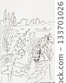 Hand drawn sketch, ink illustration of bee on wildflowers near a river with boat in distance, summer nature. Concept of harmony between nature, pollinators, peaceful human presence 133701026