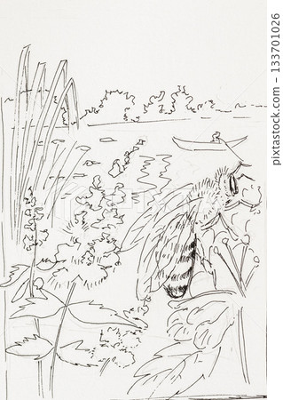 Hand drawn sketch, ink illustration of bee on wildflowers near a river with boat in distance, summer nature. Concept of harmony between nature, pollinators, peaceful human presence Hand drawn sketch, ink illustration of bee on wildflowers near a river with boat in distance, summer nature. Concept of harmony between nature, pollinators, peaceful human presence 133701026