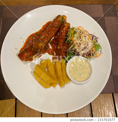 Grilled Chicken Fillet with Fries and Fresh Salad 133701077