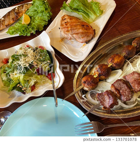 Grilled Shashlik with Salad and Fish Dinner 133701078