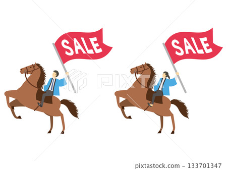 一群身穿藍色法被的男女騎著馬,揮舞著「SALE」旗幟。 一群身穿藍色法被的男女騎著馬,揮舞著「SALE」旗幟。 133701347