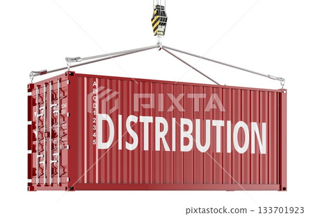 Distribution concept with red shipping container lifted by crane. 3D rendering Distribution concept with red shipping container lifted by crane. 3D rendering 133701923