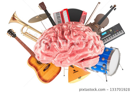 Human brain surrounded by various musical instruments, symbolizing music creativity and cognition. 3D rendering Human brain surrounded by various musical instruments, symbolizing music creativity and cognition. 3D rendering 133701928