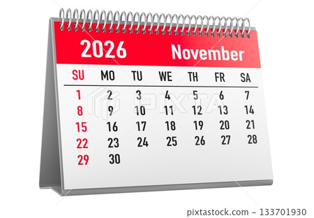 November 2026 desk calendar page with red header. Sunday-first layout and red weekend dates, 3D rendering 133701930