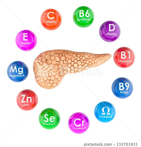 Pancreas with vitamins and minerals essential for healthy pancreatic function and metabolism. 3D rendering 133701931