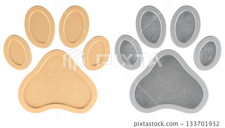 Paw prints in gold and silver finish with glossy texture and raised pads. 3D rendering Paw prints in gold and silver finish with glossy texture and raised pads. 3D rendering 133701932