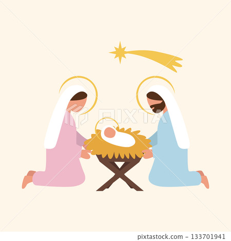 Holy Family nativity illustration with Mary, Joseph and infant Jesus surrounded by divine light, Christmas biblical artwork of the birth of Christ Holy Family nativity illustration with Mary, Joseph and infant Jesus surrounded by divine light, Christmas biblical artwork of the birth of Christ 133701941