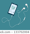 Audiobook player on mobile phone screen. Smartphone application for reading e-book. Idea of online education and knowledge. Vector illustration in flat cartoon style. 133702004