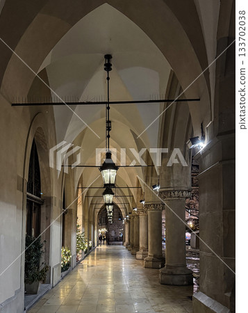 Night scene of Historic Sukiennice Cloth Hall Arcades in Old Town Krakow, Poland 133702038