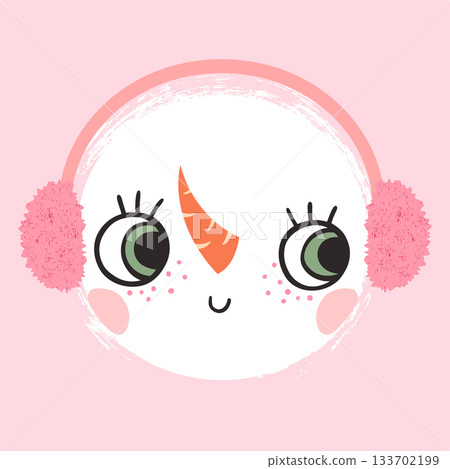 Cute vector snowman girl face with earmuffs, fun children illustration for Christmas greeting cards 133702199