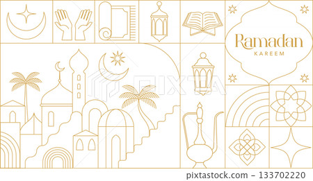 Ramadan Kareem background in Art Deco style. Modern Islamic greeting card, banner and poster Ramadan Kareem background in Art Deco style. Modern Islamic greeting card, banner and poster 133702220