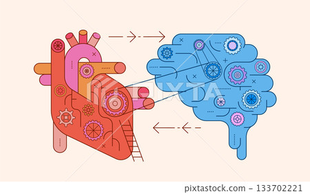 Abstract heart and brain with gears. Mental health concept illustration. 133702221
