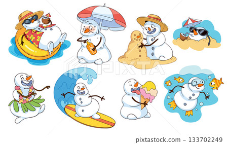 Cute summer snowmen relaxing on the beach. Funny vector illustration Cute summer snowmen relaxing on the beach. Funny vector illustration 133702249