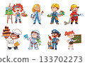 Cute cartoon children dressed as different professionals. Colorful job characters for kids Cute cartoon children dressed as different professionals. Colorful job characters for kids 133702273
