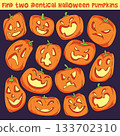 Find two identical. Cute Halloween puzzle with many carved pumpkins Find two identical. Cute Halloween puzzle with many carved pumpkins 133702310