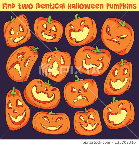 Find two identical. Cute Halloween puzzle with many carved pumpkins 133702310