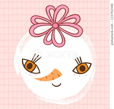 Funny snowman face with ribbon on pink background, cute girly holiday design for greeting cards and packaging 133702446