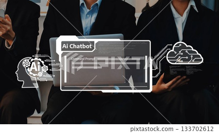Professional Business Team Engaged in Technology Discussion About Artificial Intelligence Chatbot Solutions in Modern Office Setting. Raster Professional Business Team Engaged in Technology Discussion About Artificial Intelligence Chatbot Solutions in Modern Office Setting. Raster 133702612