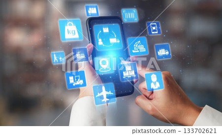 Logistics icons illustrate delivery, supply chain, warehouse, and shipping. Gist 133702621