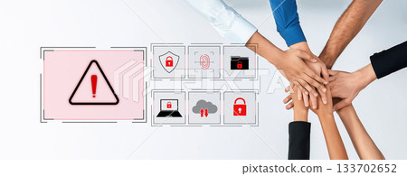 Collaboration on Cybersecurity Alert with Hands and Digital Icons Representing Data Protection and Security Measures in Modern Technology Trope 133702652