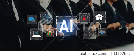 Business professionals in suits with AI technology graphics, showcasing innovation, collaboration, and digital transformation in modern corporate environments Trope Business professionals in suits with AI technology graphics, showcasing innovation, collaboration, and digital transformation in modern corporate environments Trope 133702662