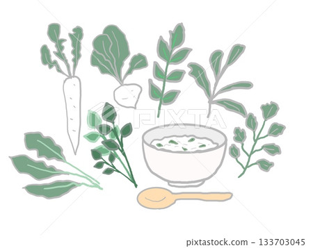 圖中描繪了盛在碗中的七種春季草藥和米粥。 圖中描繪了盛在碗中的七種春季草藥和米粥。 133703045