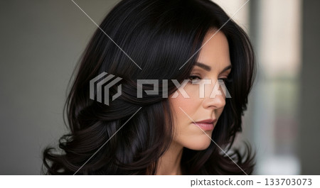 A striking rear view of a woman with beautiful hair dyed a vibrant dark brown color. 133703073