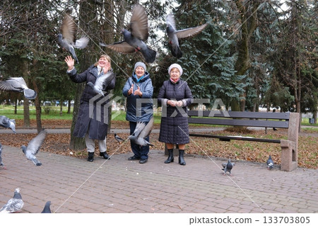 People feed birds in the park. Birds eat from a person's hands. A hand with food on which birds have sat. Many pigeons. Pigeons with open wings. Family rest. Family leisure. 133703805