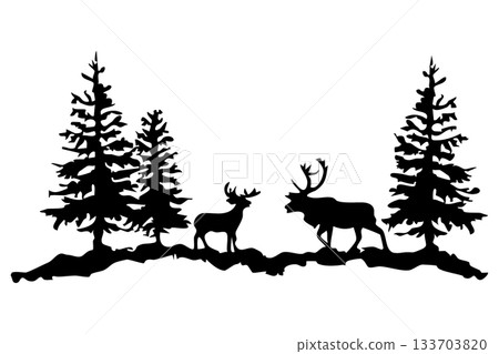 冷杉樹與馴鹿剪影 | 冬季森林背景插畫素材 133703820