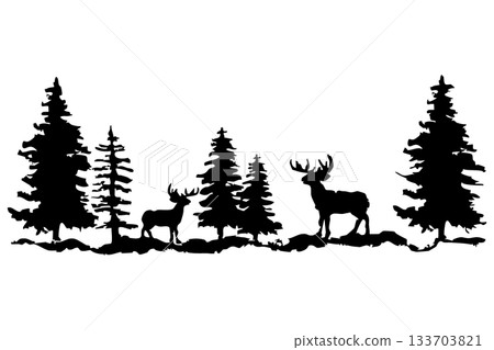 Fir trees and reindeer silhouettes | Winter forest background illustration material 133703821