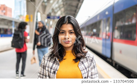 A university student waiting for someone in front of the station on a holiday A university student waiting for someone in front of the station on a holiday 133704500