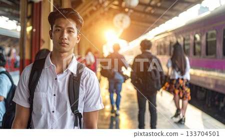 A university student waiting for someone in front of the station on a holiday 133704501