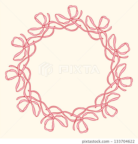Vector illustration of a circular frame made of hand-drawn pink bows. Delicate and feminine decorative border perfect for invitations, cards, packaging, branding, and elegant design projects 133704622