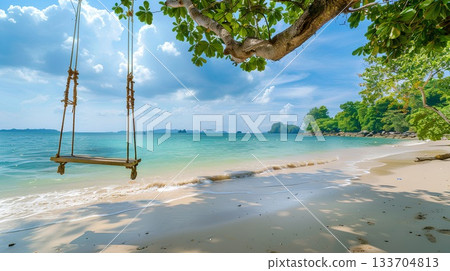 swing hanging from the branch of an overgrown palm tree on a beach in thailand, offering a serene and picturesque spot for relaxation by the sea. the background features calm waters with gentle wave swing hanging from the branch of an overgrown palm tree on a beach in thailand, offering a serene and picturesque spot for relaxation by the sea. the background features calm waters with gentle wave 133704813