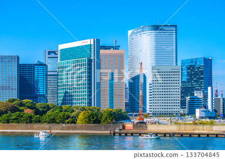 Tokyo cityscape in Japan: View of the Shiodome buildings and the former Tsukiji Market (6) including the temporary access road and removal of the upper structure of the loading pier 133704845