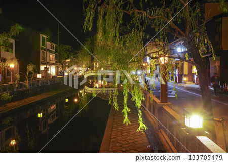 城崎溫泉的夜景非常迷人，遊客們在溫泉周圍漫步。 133705479
