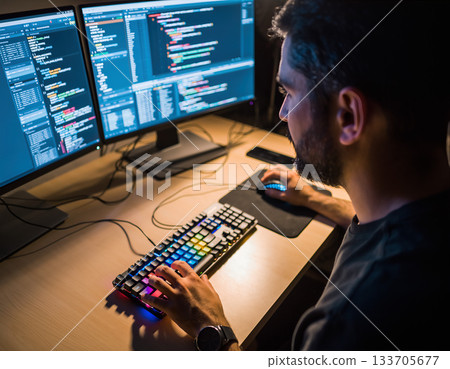 Developer working late at night on coding...-插圖素材 [133705677] - PIXTA圖庫