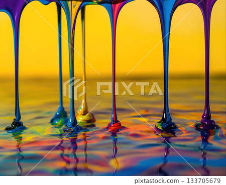 Colorful liquid paint clouds creating vibrant reflections on a smooth surface during a creative art session 133705679