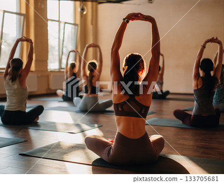 Yoga session in a sunlit studio with focused participants stretching peacefully 133705681