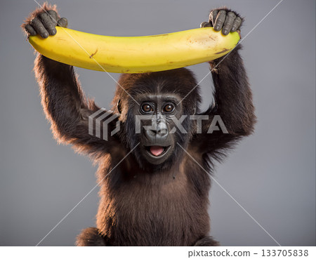 Cute baby gorilla joyfully holds a banana above its head in a playful pose against a simple background 133705838