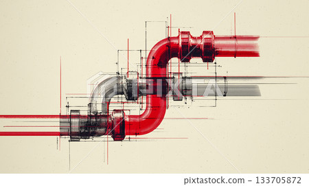 工業流程和設計，複雜管道系統以技術圖紙風格繪製 133705872