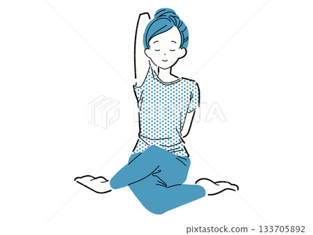 Woman stretching her arms in yoga, eyes closed Woman stretching her arms in yoga, eyes closed 133705892