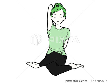 Woman stretching her arms in yoga, green, eyes closed Woman stretching her arms in yoga, green, eyes closed 133705893