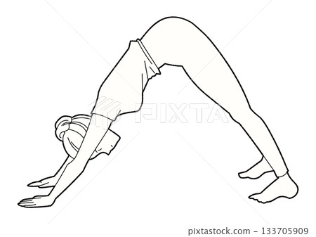 一位女性做下犬式瑜珈的單色線條畫 133705909