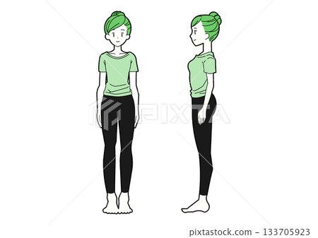 站立的女性，正面和側面視圖，全身插圖，綠色T卹 133705923