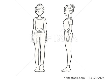 站立的女性，正面和側面視圖，全身線條畫 133705924