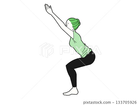 Chair pose, woman doing yoga, green T-shirt 133705926